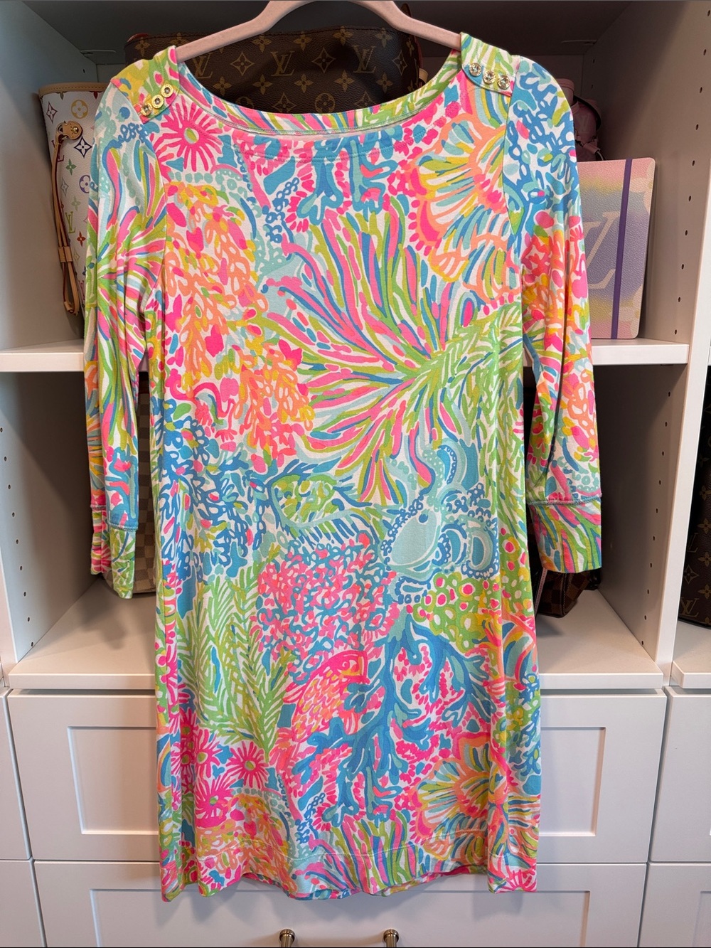 🌿 Lilly Pulitzer Sophie UPF 50+ Dress Lovers Coral 3/4 Sleeve Size S